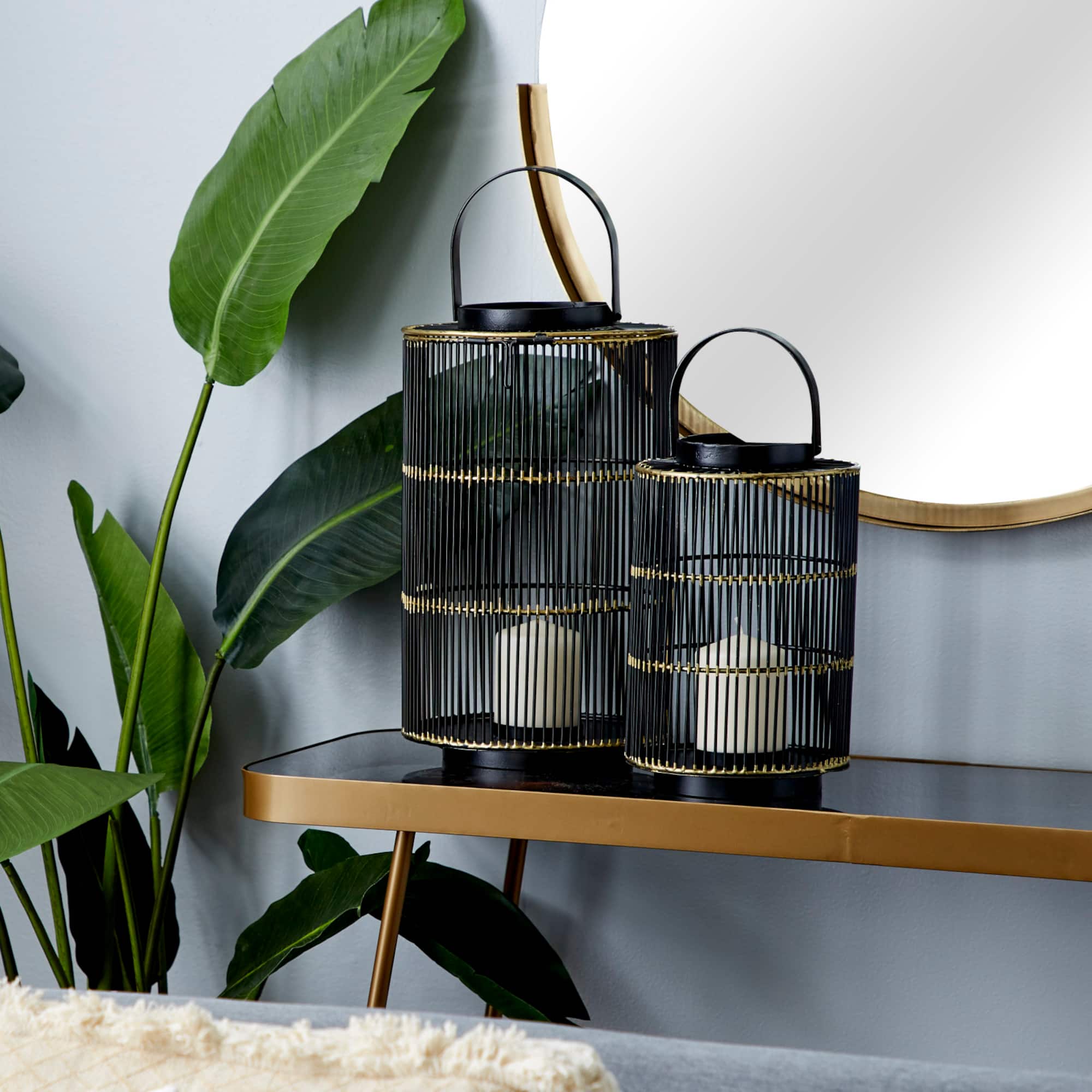 Set of 2" Black Metal Contemporary Lantern, 11", 16"
